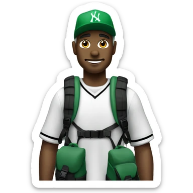 A white man in the mountains with a green back pack and a jordan 4 low black with a curve front yankees cap  sticker