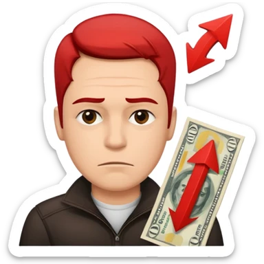 a man with money bills and a red down arrow next to him sticker