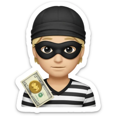 a short ios emoji-style portrait of a classic burglar, a black eye mask (looks like a blindfold) and a black-and-white striped shirt. emoji-like hair, black hat, ONE bag of money 💰 with a dollar sign in a right corner sticker