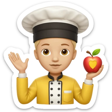 3D cartoon-style chef in the Apple emoji style, wearing a bright yellow chef uniform with hat sticker