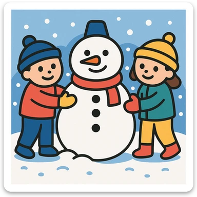 Add a snowy background behind the kids building a snowman, keep the original color outline icon style sticker
