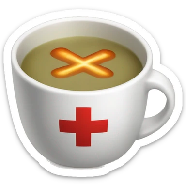 "A cup of hot soup with a red cross." sticker