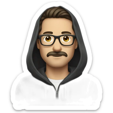 White man dark straight hair moustache, wearing a hoodie, glasses sticker