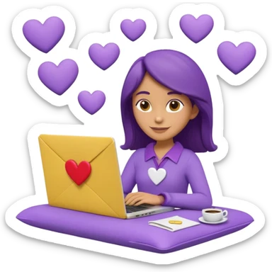 3D clay character relaxed with laptop and coffee, floating icons (envelope, heart, dollar), purple (#8B5CF6) outfit, bright yellow (#FBBF24) icons, white laptop, Pixar style, transparent background sticker