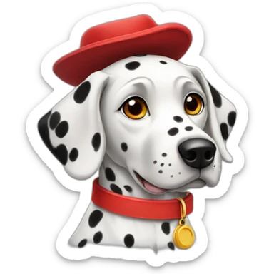 Dalmatian wearing a red hat and collar sticker