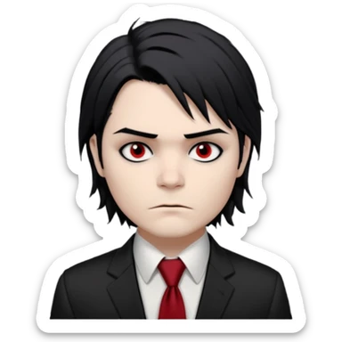 Gerard Way (Revenge Era)
Round, simplified emoji style
Pale skin tone dark eyes
-black, shoulder-length hair messy and emo
Heavy eyeliner and shadow under the eyes
Subtle serious face
Hint of red tie visible on black button up shirt.
Transparent background. Black eyeliner. Messy emo hair sticker