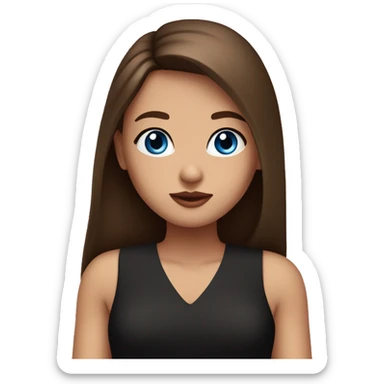A girl with blue eyes, long straight brown hair, plump pink lips in a black dress sticker
