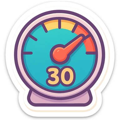 colorful cartoon-style speedometer with needle at 30 MPH, playful and bold, only the number 30 shown, no other text sticker