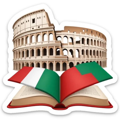 An icon featuring the Colosseum and the flag of Italy, symbolizing the Italian language. The design includes an open book with Italian phrases, representing language learning and cultural heritage. Transparent background sticker
