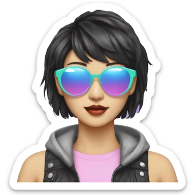 a short-haired Taiwanese lesbian as a designer with vaporwave style, without makeup, with earings, sunglasses with vaporwave image on it. sticker