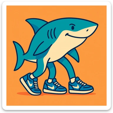 a shark with three legs, last leg near the back fin, wearing blue Nike shoes, closed mouth, clean modern illustration style sticker