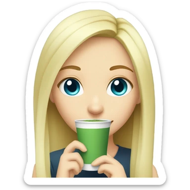 Blonde girl with blue eyes with a hot matcha sticker