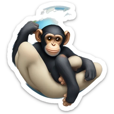 Low angle close-up: A chimpanzee placing the tiny, insignificant Planet Earth between its sweaty toes to relax. Above the figure, bold text reads: "NASA, MONSTRA BEM, MEUS PÉS SUADOS, SEUS MICROS."
 sticker