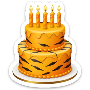 birthday cake with tiger print coloured icing, topped with lit birthday candles sticker
