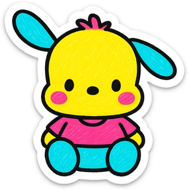 Sanrio Pochacco as a cute Popmart doll emoji, sitting pose, oversized head, tiny limbs, soft shading, kawaii style sticker