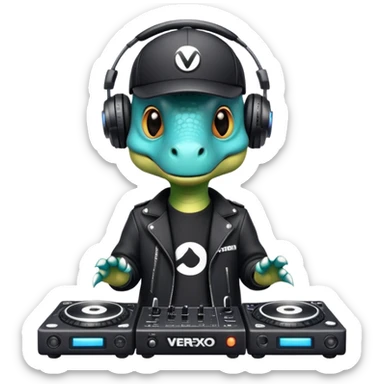 Dinosaurio muy tierno músico DJ con ropa negra futurista con nombre verexxo  sticker