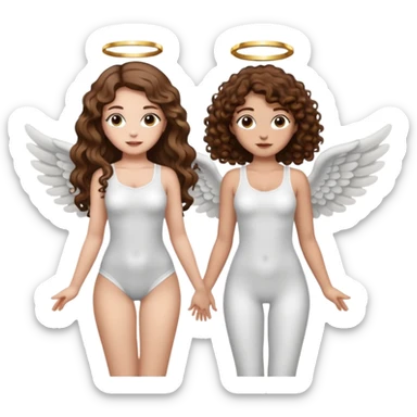 fake angel pose — long wavy brown hair tattooed woman and short tight curly brown hair woman — halo sparkle sticker