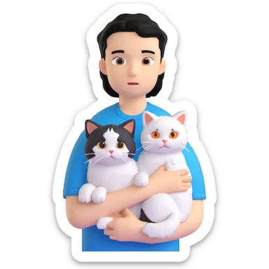teenage boy with black hair wearing blue short sleeve shirt holding a white ragdoll cat sticker