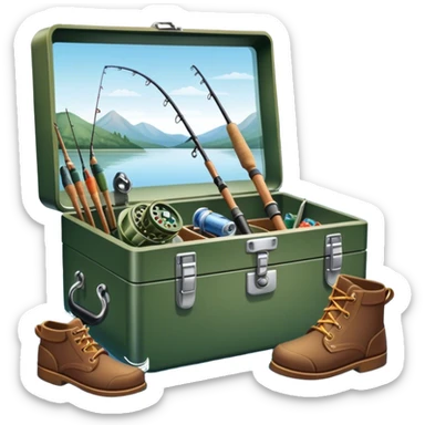 Icon for Fishing: a fishing tackle box, a spinning rods, fishing boots, and a boat by a water body with a beautiful nature backdrop. The icon should evoke the peaceful and adventurous spirit of fishing. Transparent background. sticker