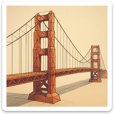 {
  "style_description": {
    "name": "Low Poly Wireframe",
    "overall_look": "Geometric abstraction with visible polygonal mesh edges and a minimal, digital aesthetic",
    "geometry": {
      "shape_type": "triangles and quadrilaterals forming faceted surfaces",
      "structure": "low-resolution polygon meshes with flat faces",
      "edge_visibility": "clear, sharp wireframe outlines around each polygon",
      "dimensionality": "3D-like forms created through flat shading and edge contours"
    },
    "linework": {
      "type": "thin or semi-bold outlines tracing all edges of the mesh",
      "style": "uniform or slightly stylized (e.g., dotted or glowing lines)",
      "color": "typically black, dark gray, or color-matched for contrast"
    },
    "color": {
      "application": "solid flat colors per polygon, without gradients",
      "palette_type": "limited, often monochromatic or with tonal variation per face",
      "highlighting": "minimal shading to emphasize surface depth without realism"
    },
    "lighting": {
      "approach": "ambient or directional lighting used sparingly to add dimension",
      "avoid": ["soft shadows", "complex reflections", "photorealism"]
    },
    "background": {
      "style": "plain or gradient backdrop to contrast mesh clarity",
      "consistency": "flat and neutral to preserve focus on wireframe structure"
    },
    "render_constraints": {
      "avoid": ["smooth surfaces", "rounded curves", "realistic textures"],
      "focus_on": ["polygon edges", "angular forms", "mesh clarity"]
    },
    "subject_treatment": {
      "representation": "simplified, stylized forms with clear geometry",
      "emphasis": "structure, volume through form and edge"
    }
  }
}

{subject} = golden gate bridge sticker