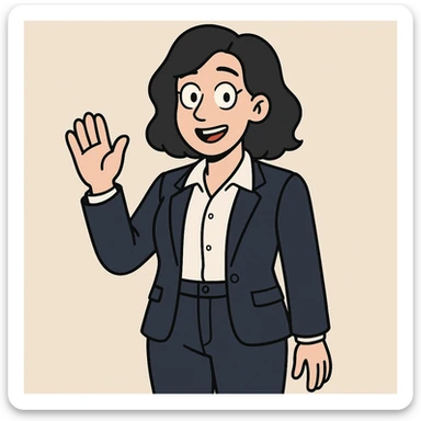 A woman black hair white Villeta Herringbone Shirt Navy Cannes Tailored Fit Jacket jackets Navy Rosalind High Waist Trouser a hand say hello sticker