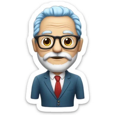 an old man in a big suit, with blue hair, red beard, white glasses sticker