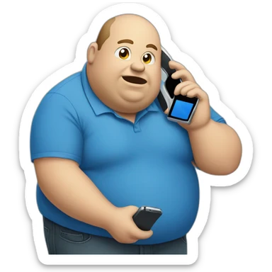 fat man in a blue shirt calling with cell phone sticker