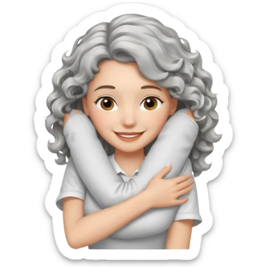 silver, wavy/curly hair shoulder-length smiling lady giving hug sticker
