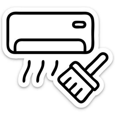 outlined icon of air conditioning cleaning with an AC unit and a cleaning brush sticker