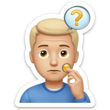 Realistic emoji-style man in simple everyday clothes, looking thoughtful and analytical. A thought bubble above his head shows a critical-thinking icon (question mark + magnifying glass). Soft lighting, expressive critical facial expression. sticker