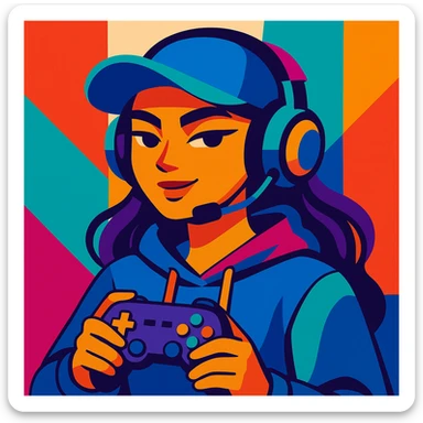 cool gamer girl with headphones and a cap, modern, confident, vibrant colors sticker