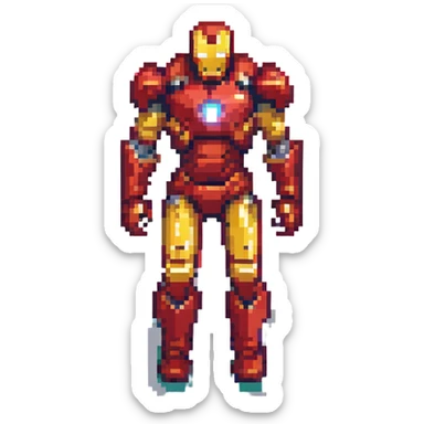 Iron Man standing heroically, pixel art style, simplified details sticker
