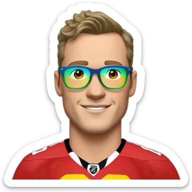 Jonathan Toews wearing glasses and rainbow clothes sticker