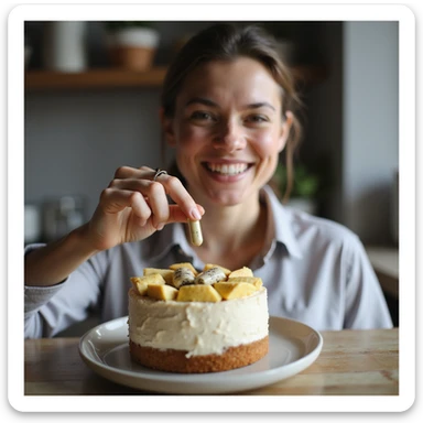 realistic image of a person placing a dietary supplement capsule on a cake or a plate of healthy food, satisfied expression, creative details, modern environment sticker