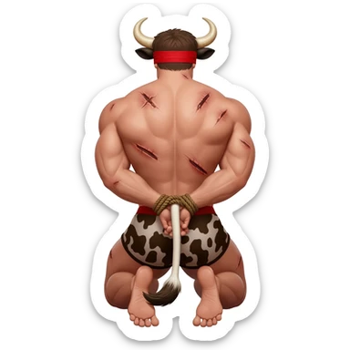 handsome extra large muscular man covered with scars with large breasts with bull horns and cow ears and bull tail with red blindfold dressed in thongs with brown cow print sits on his knees with hands tied behind the bback back view sticker