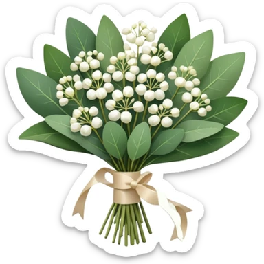 bouquet of eucalyptus and gypsophila flowers with beige ribbon sticker