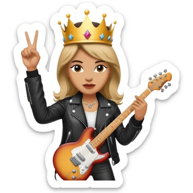 A rock and roll queen with a crown, electric guitar, and leather jacket making a rock gesture sticker