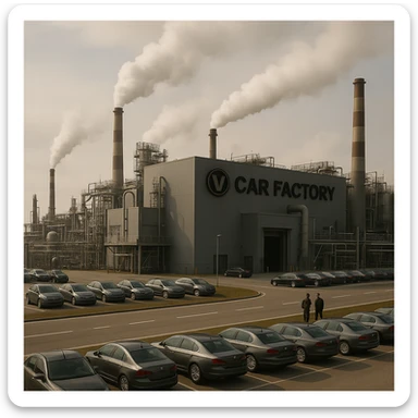 Realistic car factory exterior, large industrial building with smokestacks, parking lots filled with cars, factory grounds with machinery and equipment, realistic lighting and shadows, industrial atmosphere, workers in uniforms walking around, company logo on the building sticker