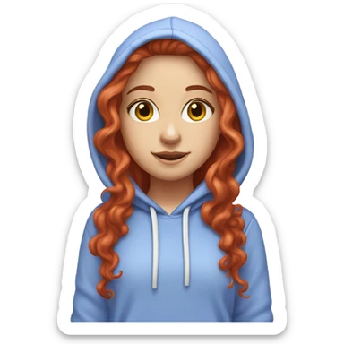 a white girl with long red curly hair, wearing a pastel periwinkle hoodie doing a pose sticker