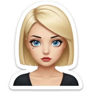Edgy Woman, Blonde hair Medium blunt bob, blue eyes, makeup Smokey lid with doe lashes, fuller glossy lips, tattoo on arms, wearing black sticker