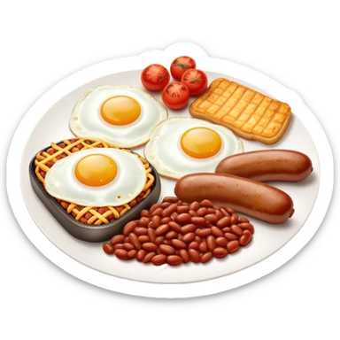 English Breakfast Cinematic Realistic English Breakfast Dish Emoji, depicted as a hearty plate featuring 2 sizzling sausages, a central serving of baked beans, 2 perfectly fried eggs, 2 sliced grilled tomatoes, 2 grilled mushrooms, and a triangle-shaped hash brown, rendered with vivid textures and warm, inviting lighting. sticker