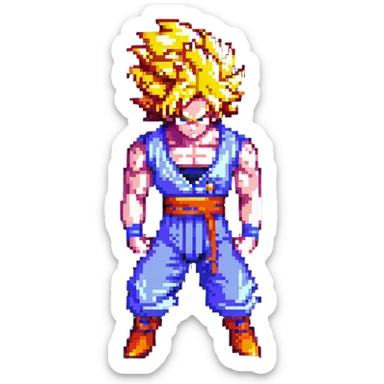 Goku from Dragon Ball Z doing push ups as Super Saiyan with glowing golden hair and aura in pixel art style. sticker
