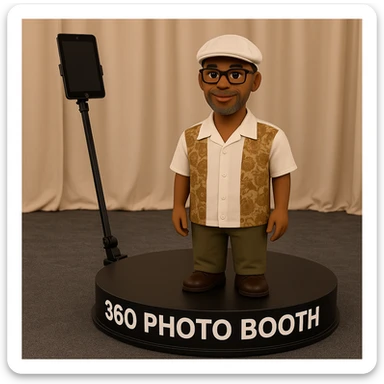 Place the emoji of a light-skinned African American man with a Kangol hat, glasses, and grey beard stubble on a 360 photo booth setup. The iPad should be clearly visible as the camera, positioned naturally and proportionately as the camera of the booth. The man should be standing on the booth platform. Ensure the lighting and shadows are consistent with a typical event setting, making the scene look natural and realistic. sticker