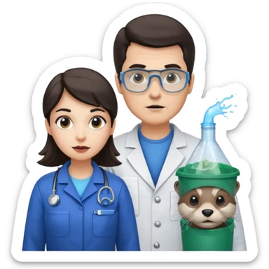 an otter disguised as a woman garbage collector next to a white man mad scientist with dark hair sticker