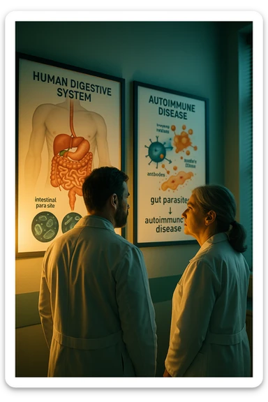 Realistic, detailed photo taken from behind of two doctors—a bearded man and a middle-aged woman—standing side by side in a modern medical office, intently studying a large, illuminated medical chart on the wall. The chart displays a detailed diagram of the human digestive system, highlighting the intestines and showing microscopic images of intestinal parasites. Next to it, another chart illustrates the immune system attacking healthy tissues, visually connecting gut parasites to autoimmune disease mechanisms. The room is bathed in a single green-blue color, with a warm, yellow-orange light casting soft shadows around the doctors. Both wear white coats and have serious, focused expressions, suggesting a deep discussion about the root causes of autoimmune conditions. Shot with a Canon EOS R5, with high detail, natural depth of field, and a clinical yet dramatic atmosphere. sticker