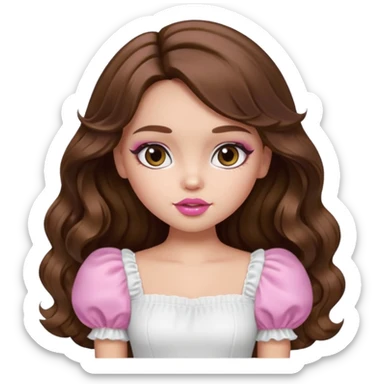 generate a pretty bratz girl with in a white puff sleeve top. Pink lipgloss. Brown wavy hair long.  sticker
