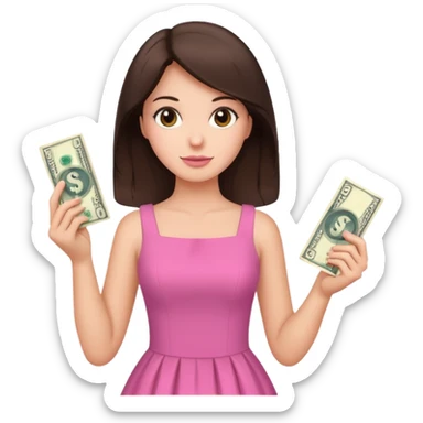 brunet Woman with pink dress holding dolar sticker