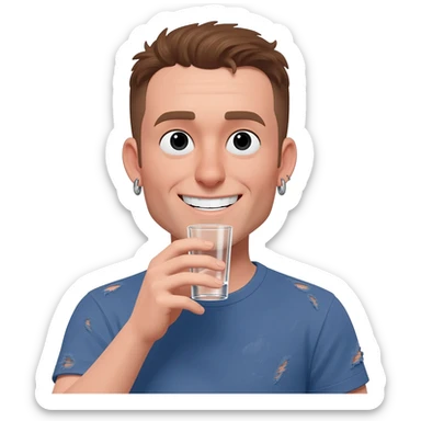 a brown hair guy with septum horizontal stripe shirt and earings with a smile drinking a shot sticker