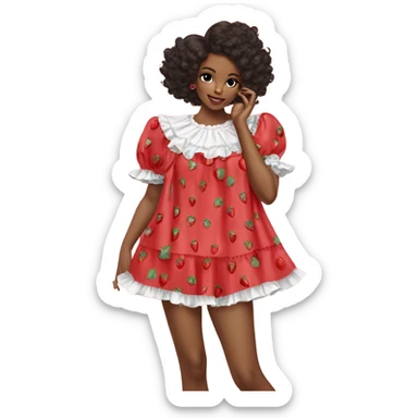 coquette strawberry babydoll blouse with ruffle sleeves and bottom, no human please sticker