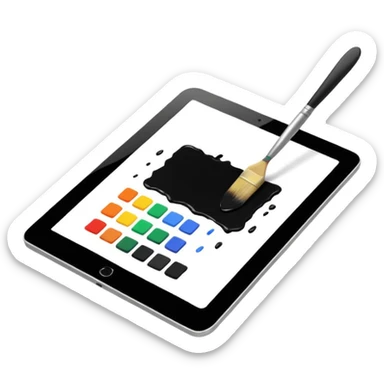 A simple graphic for digital art. A tablet dissolving into pixels with a paint brush or a pallet overlaid. No gradients. Just black on white. sticker